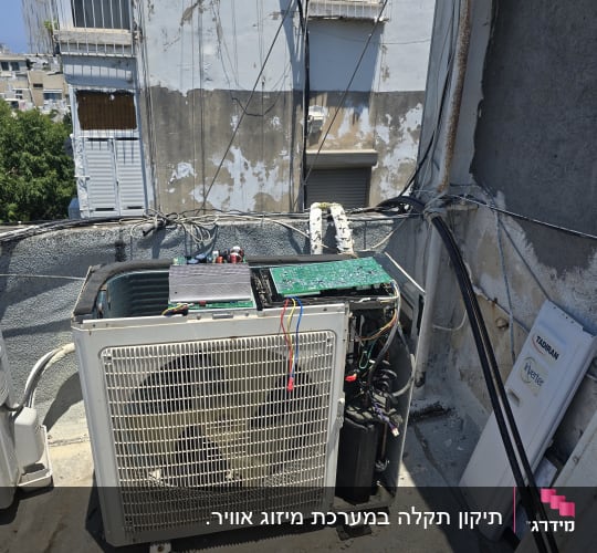 יחידת מיזוג אוויר על גג עם כלים וחוטים חשמליים